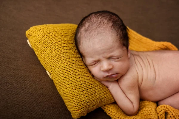 Cute Newborn Baby Brown Blanket Yellow Pillow Sleeping Baby Dark — Stock Photo, Image