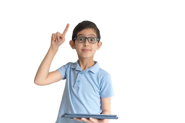 Retrato Niño Gafas Con Tableta Aprendizaje Remoto Educación Distancia Covid — Foto de Stock