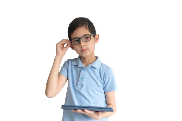 Retrato Niño Gafas Con Tableta Aprendizaje Remoto Educación Distancia Covid —  Fotos de Stock