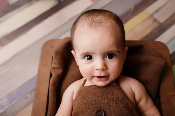 Cute Newborn Baby Smiling Baby Dark Background Closeup Portrait Newborn — Stock Photo, Image