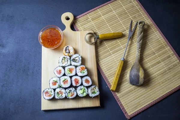 Red Fish Sushi Wooden Tray — Stock Photo, Image