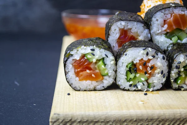 Red Fish Sushi Wooden Tray — Stock Photo, Image