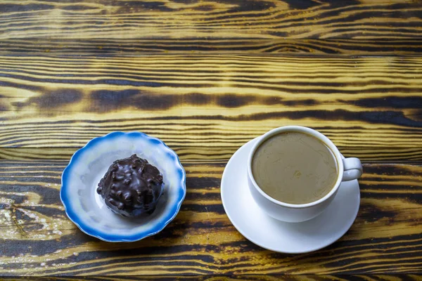 Kaffee Mit Milch Und Keksen Auf Holzgrund Draufsicht — Stockfoto