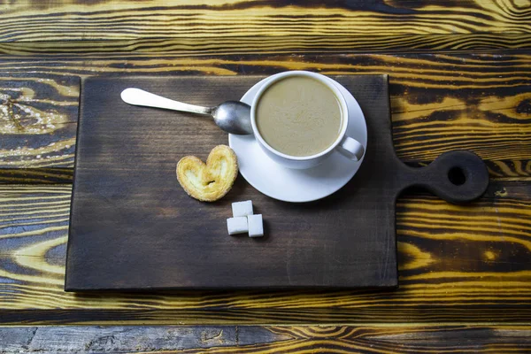 Kaffee Mit Milch Und Keksen Auf Holzgrund Draufsicht — Stockfoto