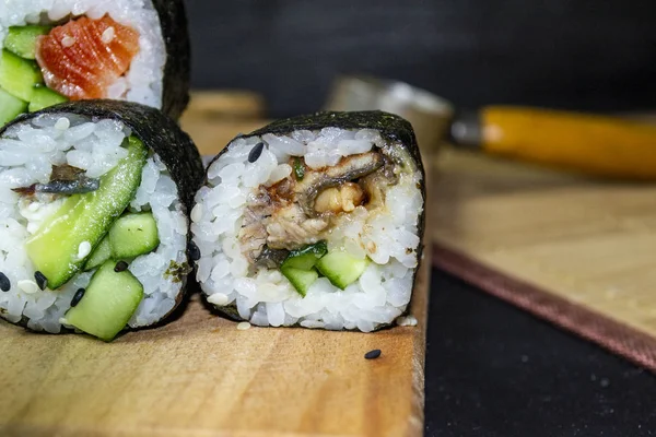 Red Fish Sushi Wooden Tray — Stock Photo, Image