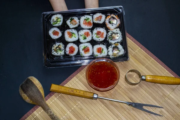 Red Fish Sushi Wooden Tray — Stock Photo, Image