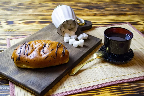 Café Manhã Com Pão Vista Superior — Fotografia de Stock