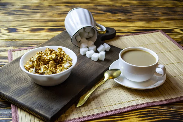 Popcorn Cornflakes Cup Coffee Top View Selective Focus — Stock Photo, Image