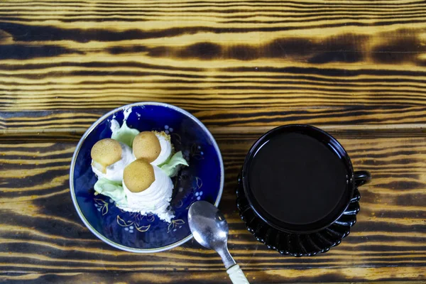 Утренний Кофе Завтрак Булочкой Вид Сверху — стоковое фото