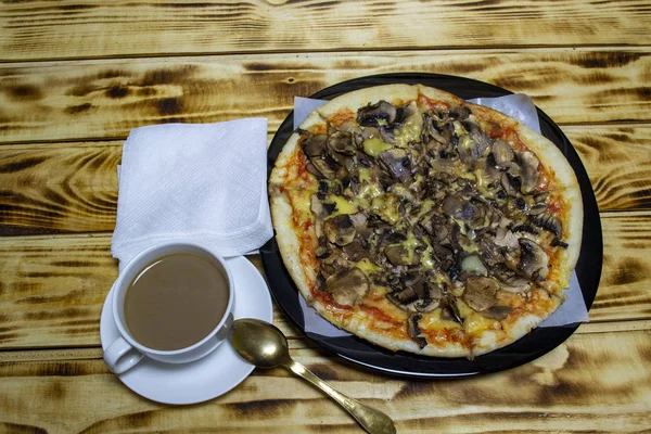 White Cup Coffee Slices Pizza Top View Selective Focus — Stock Photo, Image