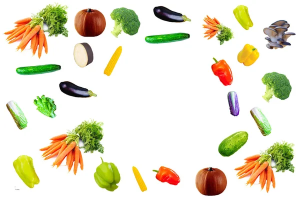 Färska Grönsaker Isolerad Vit Bakgrund Långt Format Med Kopieringsutrymme Ovanifrån — Stockfoto