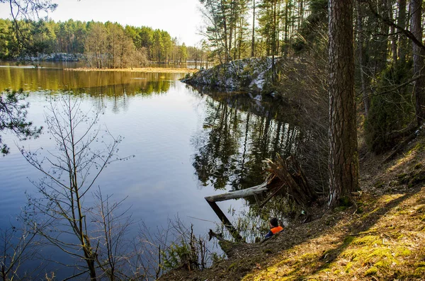 Paisagem Primavera Pescador Com Lago Com Ilhas — Fotografia de Stock