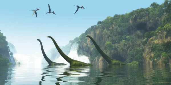 Mamenchisaurus Dinossauro Foggy Day — Fotografia de Stock
