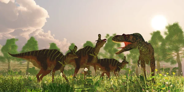 Albertosaurus 和 Lambeosaurus 恐龙 — 图库照片