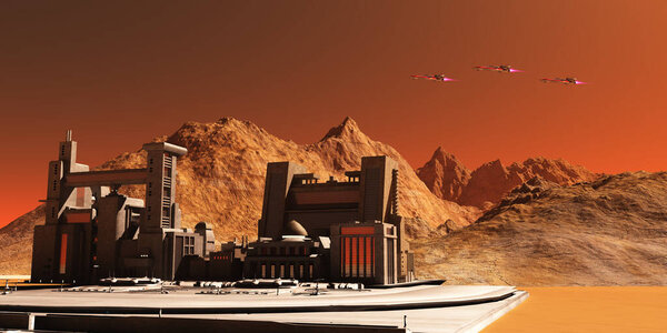 Three spacecraft fly near an installation habitat on the red planet of Mars in the future.