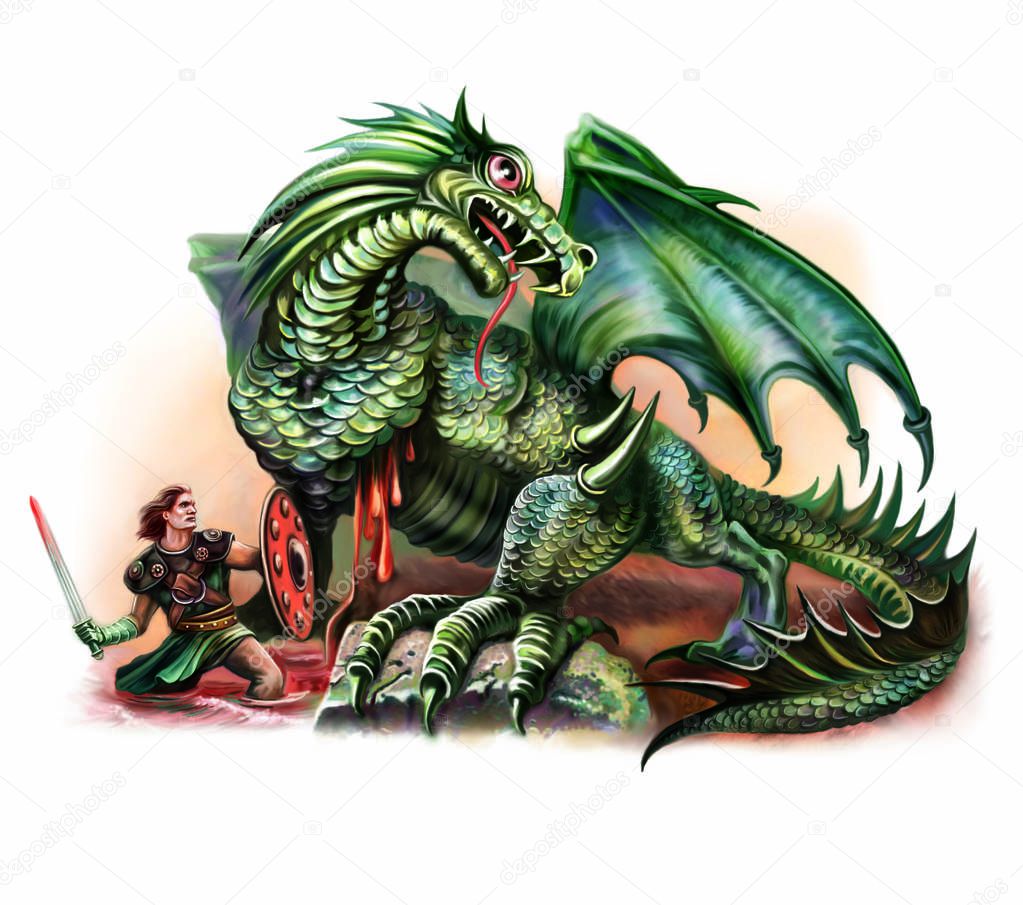 Warrior defeating dragon with sword, duel of hero with legend creature, isolated illustration on white background