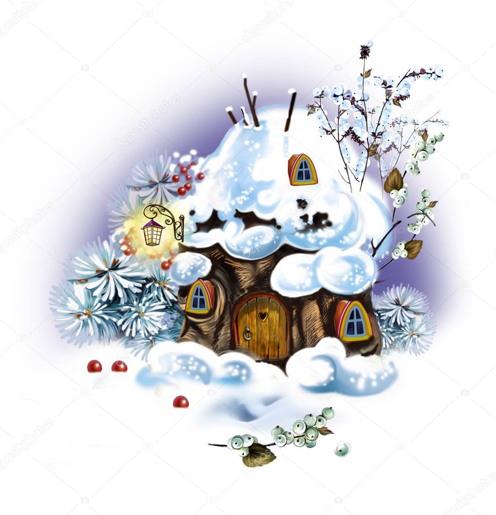 Winter dwelling of forest spirits, stump with windows and door in snowdrift, isolated illustration on white background