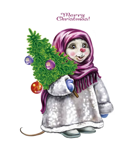 Милая Мышь Шарфе Шубе Новогодней Елкой Поздравительная Открытка Изолированный Персонаж — стоковое фото