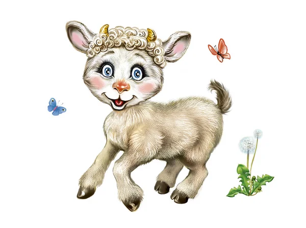 Funny Jumping Little Goat Isolated Character White Background — Stock Photo, Image