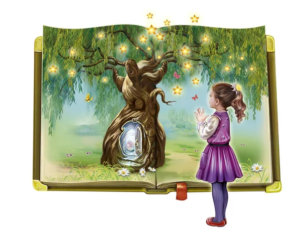 Little Girl Standing Front Large Open Book Magic Tree Portal — Stock Photo, Image