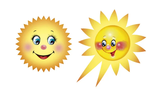 Забавні Сонця Радісними Щасливими Посмішками Обличчях Персонажі Мультфільмів Ізольовані Білому — стокове фото