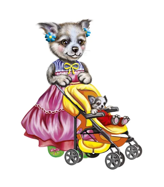 Mother Dog Carrying Little Puppy Stroller Cartoon Animals Clothes Isolated — 스톡 사진