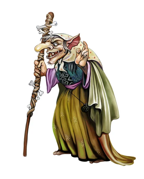 Old Witch Hag Staff Bones Bottle Potion Negative Fairytale Character — Stock Photo, Image