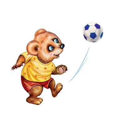 Küçük oyuncak ayı futbol oynuyor, topla çizgi film hayvanı, beyaz arka planda soyutlanmış bir karakter.
