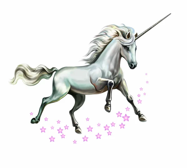 Ilustración Realista Unicornio Blanco Corriendo Estrellas Criatura Mágica Personaje Aislado — Foto de Stock