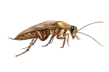 Ev hamamböceğinin gerçekçi çizimi, böcek ansiklopedisi illüstrasyonu, beyaz arka planda izole edilmiş karakter.
