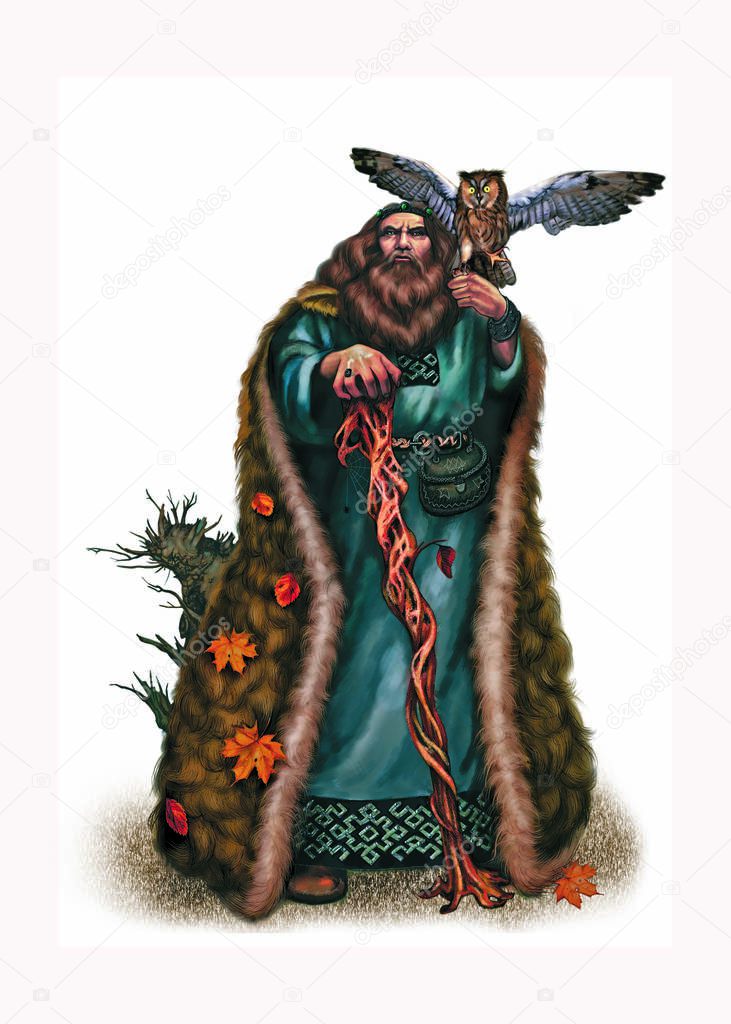 Dark Slavic god Chernobog, old sorcerer with staff, fur coat and owl on shoulders, isolated character on white background