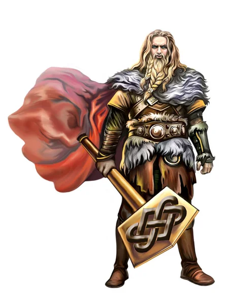 Dios Escandinavo Del Trueno Thor Parado Con Martillo Mjolnir Héroe —  Fotos de Stock