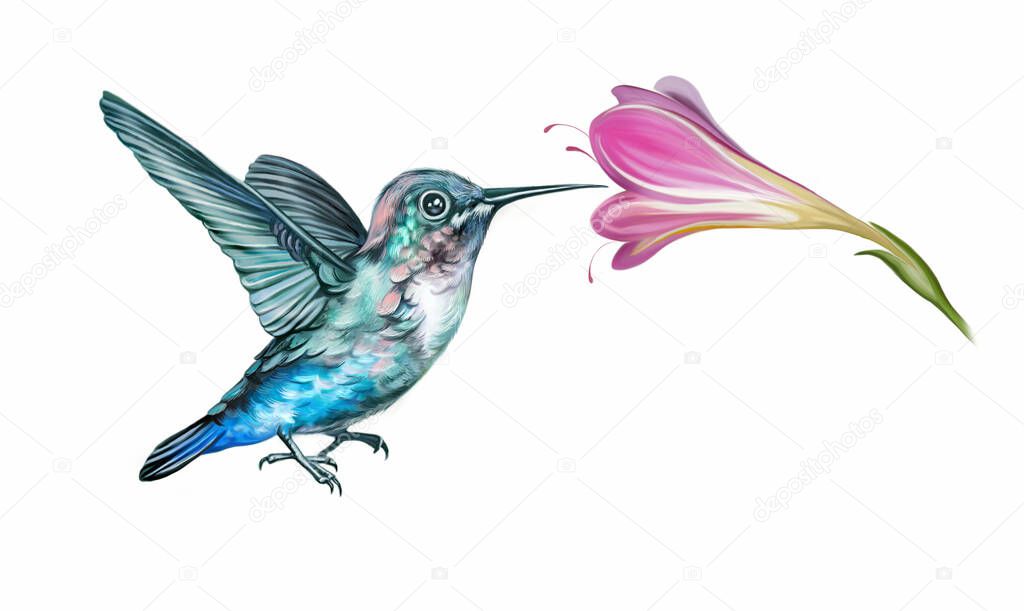 Hummingbird with flower, realistic drawing of smallest bird, isolated illustration on white background