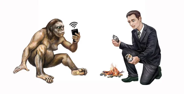 Primitív Ember Australopithecus Mobiltelefon Modern Férfi Üzleti Öltöny Hogy Tűz — Stock Fotó