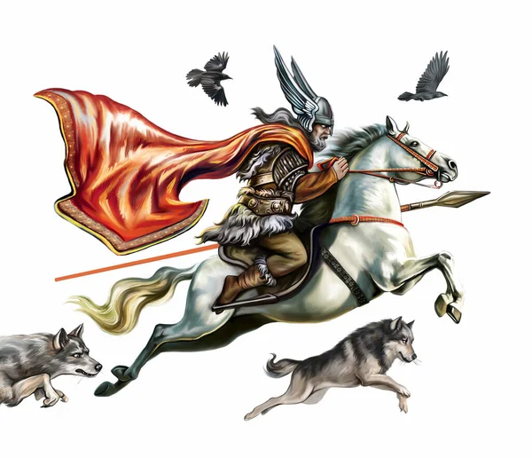 Deus Escandinavo Odin Cavalo Sleipnir Com Lobos Sagrados Geri Freki — Fotografia de Stock