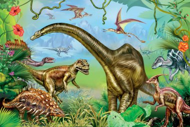 Antik dinozorlar dünyası, Mezozoik, Jurasik ve Kretase 'nin dev dinozorları, tropikal ve dağ manzaralı poster, ansiklopedi için çizimler