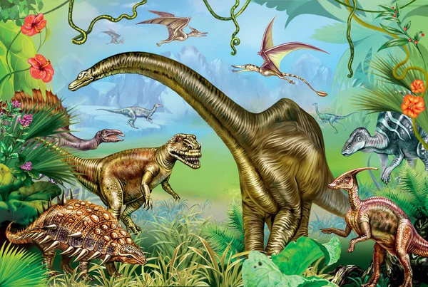 Antik dinozorlar dünyası, Mezozoik, Jurasik ve Kretase 'nin dev dinozorları, tropikal ve dağ manzaralı poster, ansiklopedi için çizimler