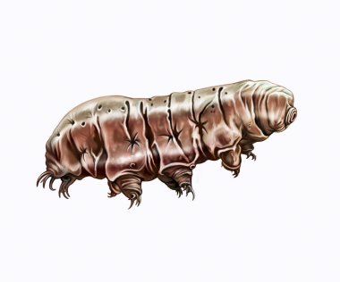 Eşsiz mikroskobik eklem bacaklı tardigradların gerçekçi çizimi, beyaz arka planda izole edilmiş hayvan ansiklopedisi çizimi