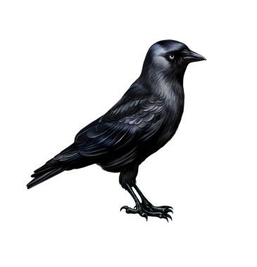 Jackdaw (Corvus monedula), gerçekçi çizim, kuş ansiklopedisi için resim, beyaz arkaplanda izole edilmiş
