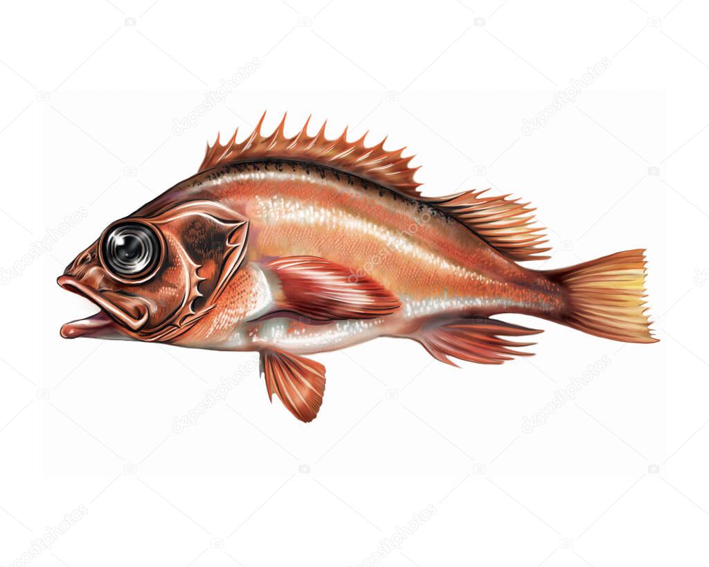 Sea bass (Sebastes), realistic illustration for encyclopedia of marine life, isolated image of fish on white background