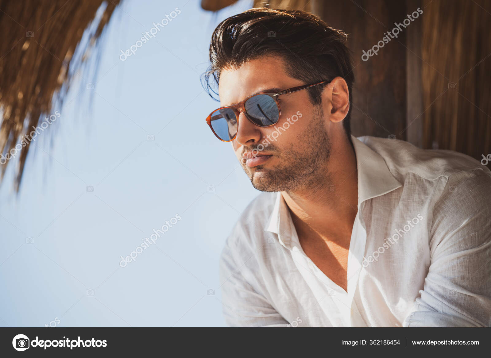 Young Handsome Man Sunglasses Looking Warm Summer Lights Wears