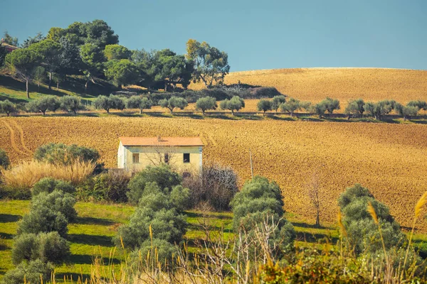 Heuvelachtig Landschap Natuur Met Resten Van Een Verlaten Huis Weiden — Stockfoto