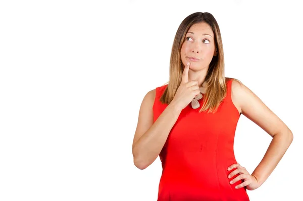Duda Pensar Expresión Decisión Femenina Mujer Con Dedo Los Labios —  Fotos de Stock