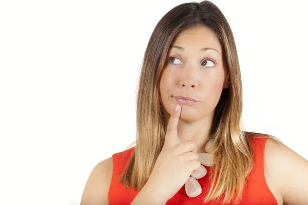 Duda Pensar Expresión Decisión Femenina Mujer Con Dedo Los Labios —  Fotos de Stock