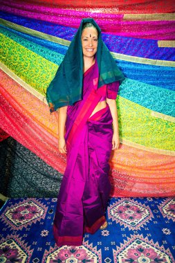Hint elbiseli Batılı kadın. Sari. Tipik Hint kıyafetleri giyen güzel beyaz bir kadın. Hindistan 'ın elbise sembolü, Sari. Bir sürü parlak renk.