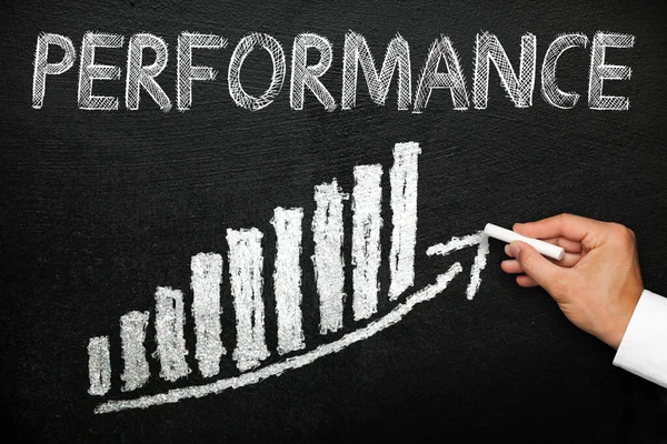 Elle yazılmış performans metni olan karatahta. Ok yukarı doğru gidiyor ve çizelgeyi istifliyor. Performans ve ilerleme kavramı.