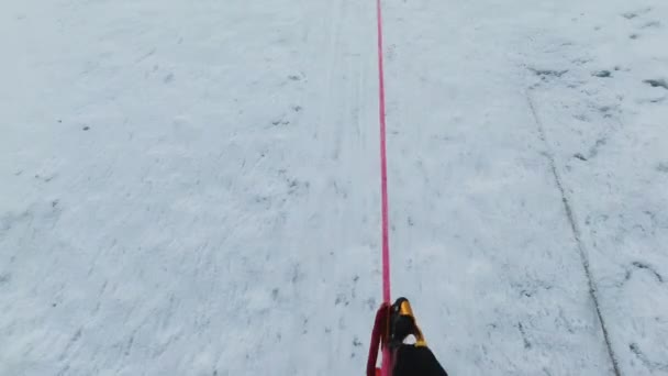 Hombre montañero en crampones está usando Jumar en cuerda fija para ascender montaña — Vídeos de Stock