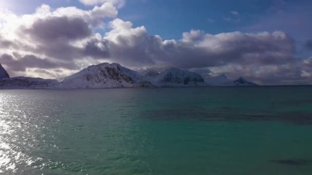 Haukland Beach, Creek and Mountains. Lofoten Islands, Norway. Aerial View — Stock Video