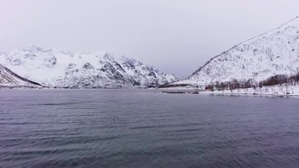 Laupstadosen Fiorde e Montanhas no Inverno. Ilhas Lofoten, Noruega. Vista aérea — Vídeo de Stock