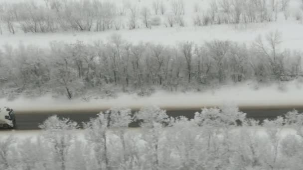 Camión en carretera en invierno. Vista aérea — Vídeo de stock